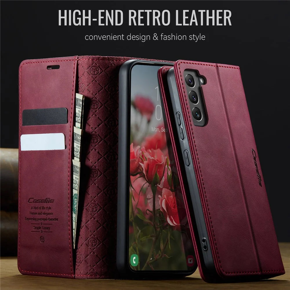 CASEME For Samsung Galaxy S22 5G Case  033 Series RFID Blocking Wallet Stand Calf Texture Leather Phone Cover - Red - 4