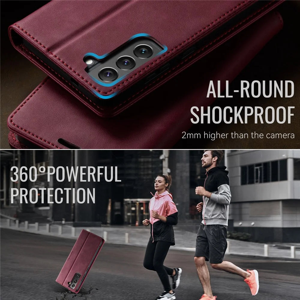CASEME For Samsung Galaxy S22 5G Case  033 Series RFID Blocking Wallet Stand Calf Texture Leather Phone Cover - Red - 6