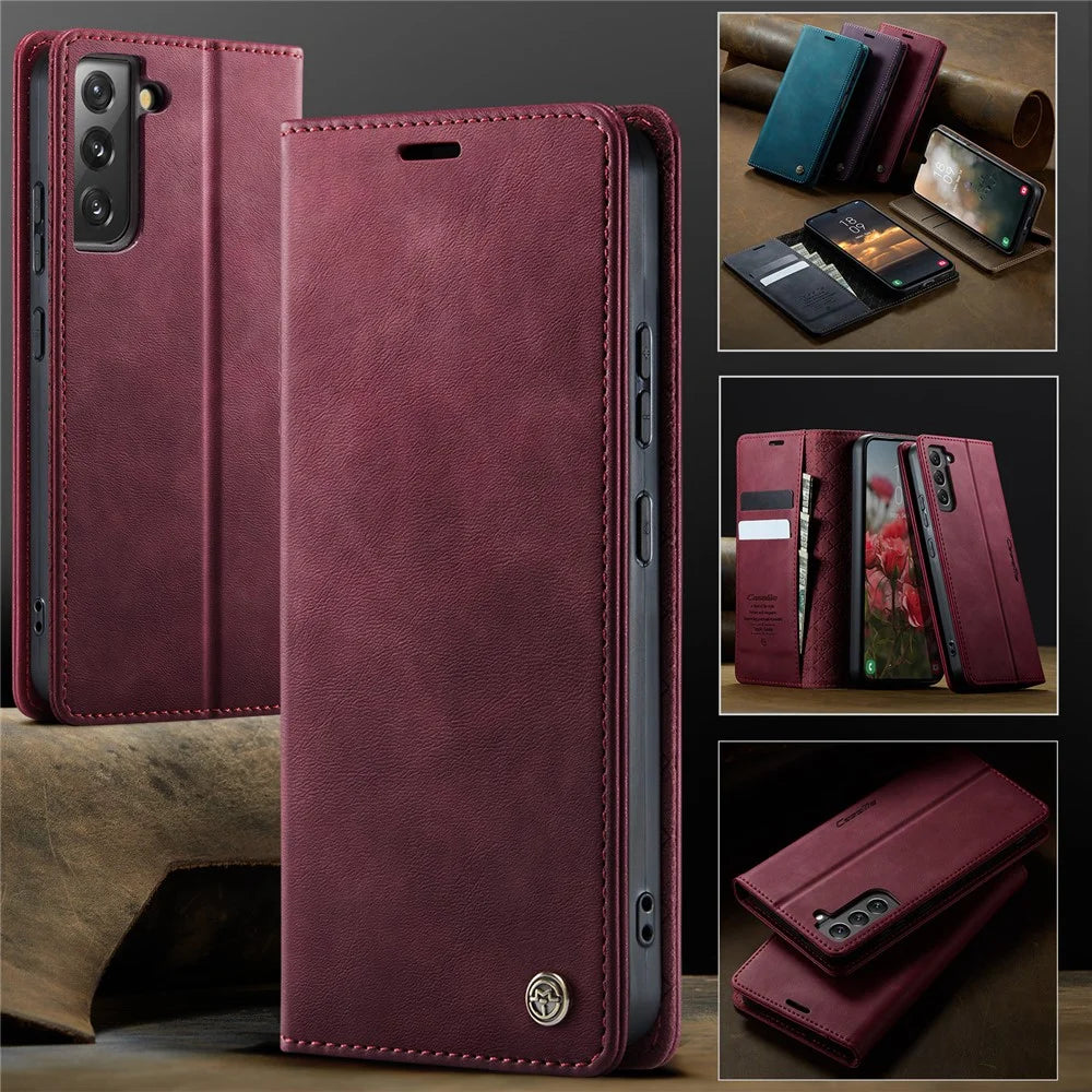 CASEME For Samsung Galaxy S22 5G Case  033 Series RFID Blocking Wallet Stand Calf Texture Leather Phone Cover - Red - 7
