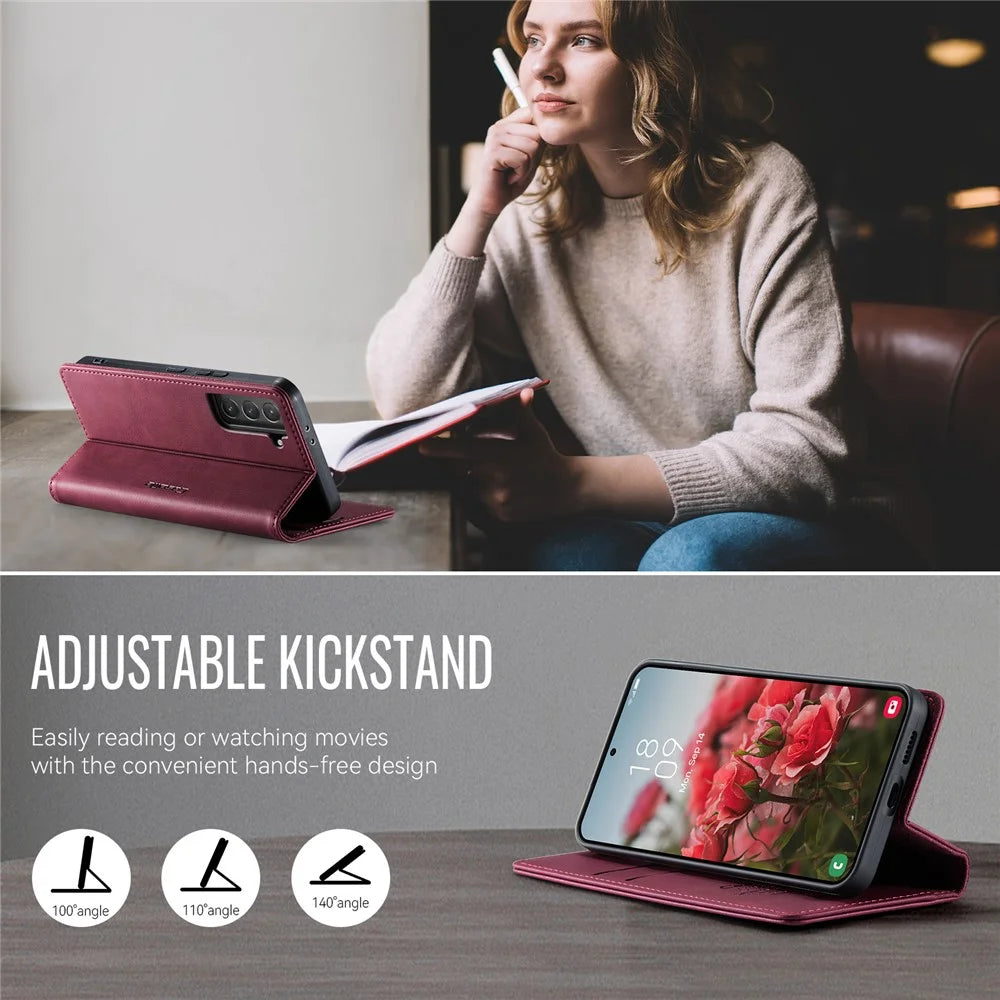 CASEME For Samsung Galaxy S22+ 5G Case  033 Series RFID Blocking Wallet Stand Calf Texture Leather Phone Cover - Red - 5