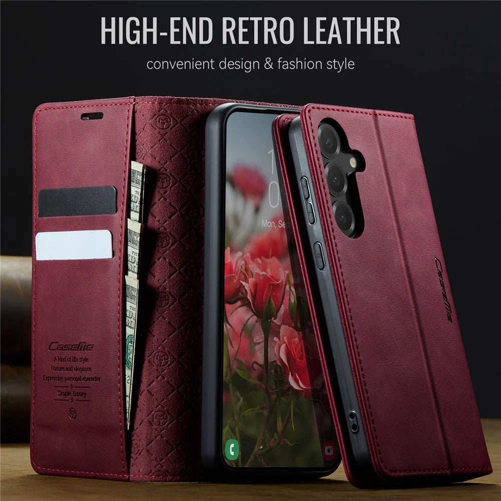 CASEME For Samsung Galaxy S25 / Galaxy S24 Case  033 Series RFID Blocking Wallet Stand Calf Texture Leather Phone Cover - Red - 4