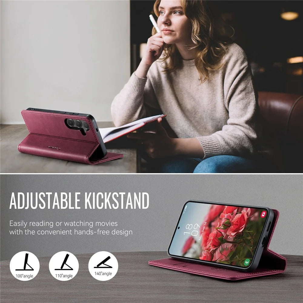 CASEME For Samsung Galaxy S25 / Galaxy S24 Case  033 Series RFID Blocking Wallet Stand Calf Texture Leather Phone Cover - Red - 5