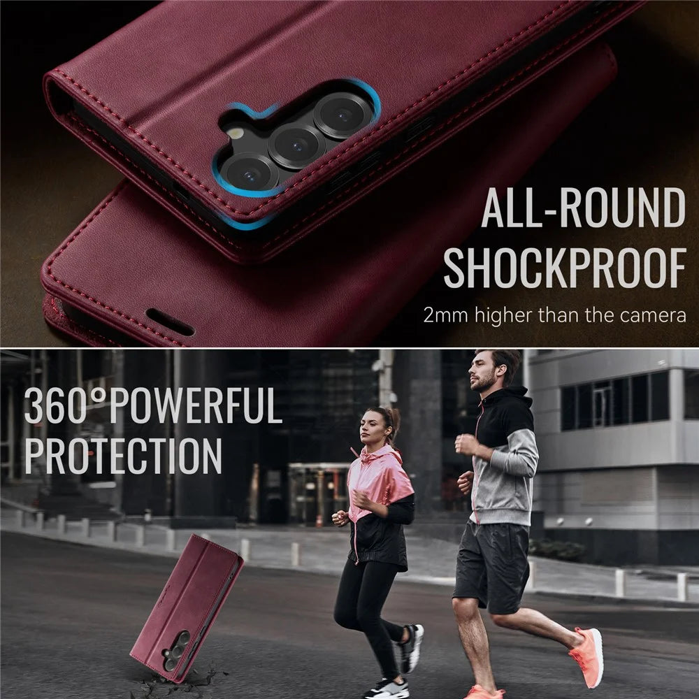 CASEME For Samsung Galaxy S25 / Galaxy S24 Case  033 Series RFID Blocking Wallet Stand Calf Texture Leather Phone Cover - Red - 6