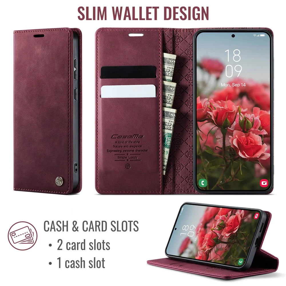 CASEME For Samsung Galaxy S25+ / Galaxy S24+ Case  033 Series RFID Blocking Wallet Stand Calf Texture Leather Phone Cover - Red - 2