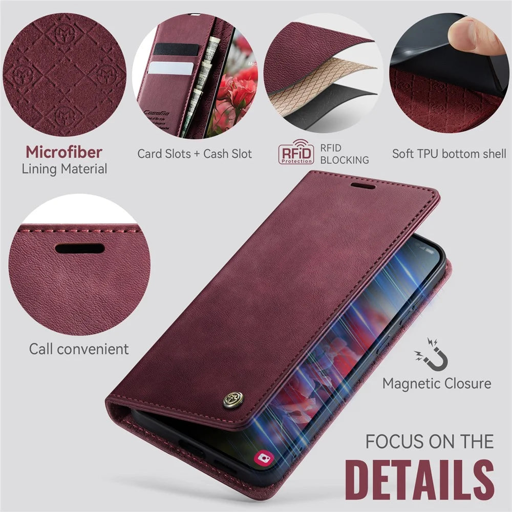 CASEME For Samsung Galaxy S25+ / Galaxy S24+ Case  033 Series RFID Blocking Wallet Stand Calf Texture Leather Phone Cover - Red - 3