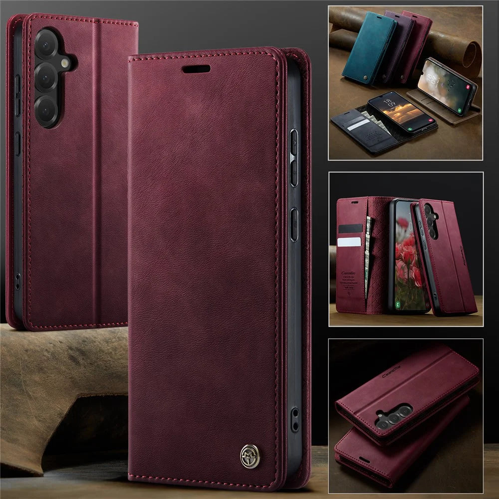 CASEME For Samsung Galaxy S25+ / Galaxy S24+ Case  033 Series RFID Blocking Wallet Stand Calf Texture Leather Phone Cover - Red - 7