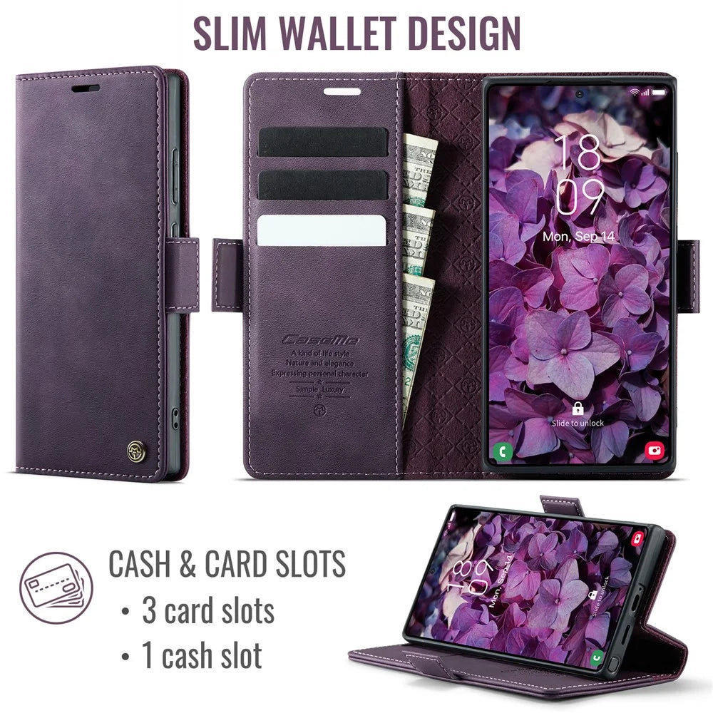 CASEME For Samsung Galaxy S25 Ultra Case  033 Series RFID Blocking Wallet Stand Calf Texture Leather Phone Cover - Purple - 2