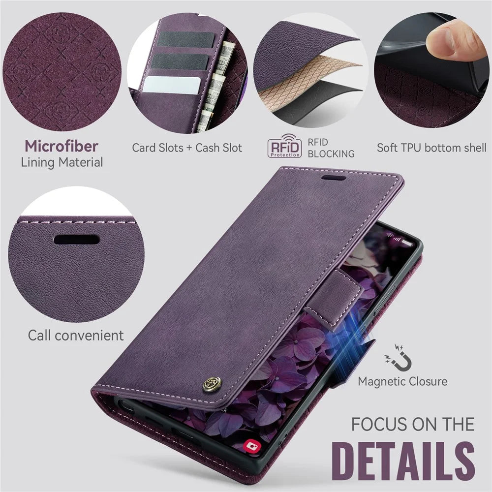 CASEME For Samsung Galaxy S25 Ultra Case  033 Series RFID Blocking Wallet Stand Calf Texture Leather Phone Cover - Purple - 3