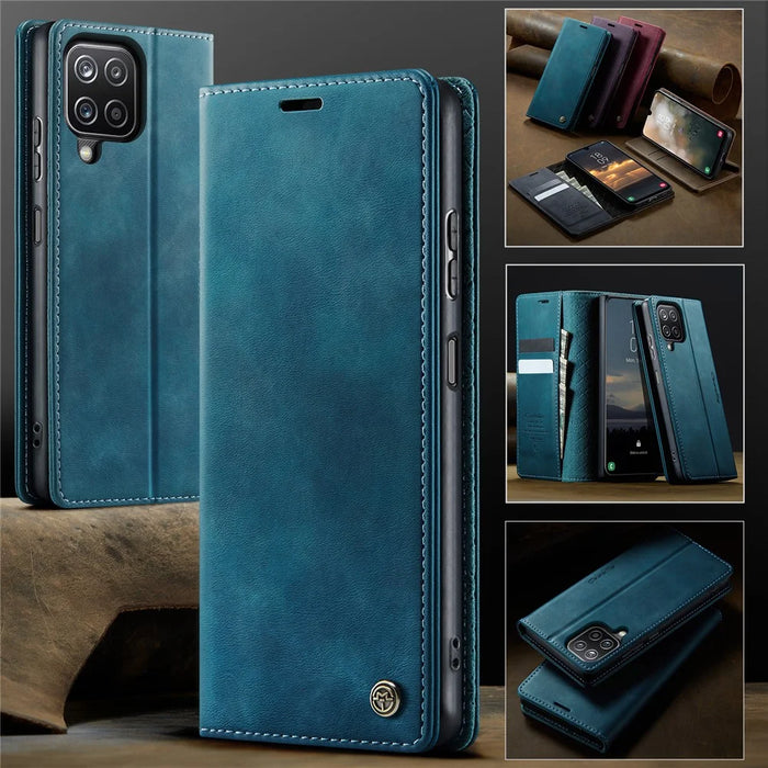 CASEME For Samsung Galaxy A12 Case  033 Series RFID Blocking Wallet Stand Calf Texture Leather Phone Cover - Green - 7
