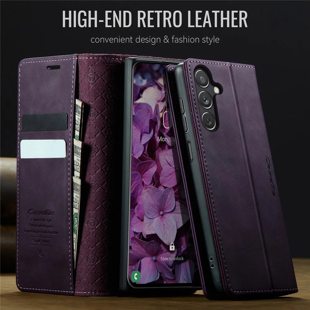 CASEME For Samsung Galaxy A24 4G (162.1 x 77.6 x 8.3mm) Case  033 Series RFID Blocking Wallet Stand Calf Texture Leather Phone Cover - Purple - 4
