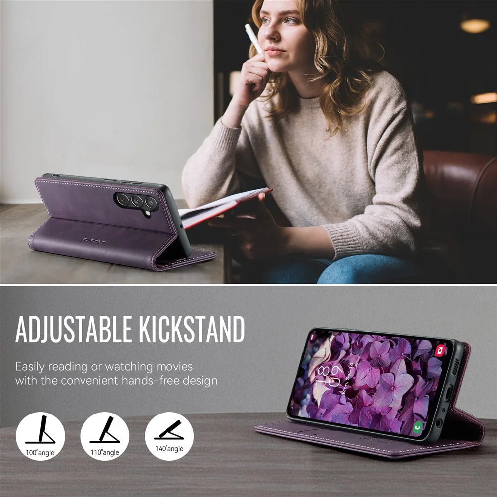 CASEME For Samsung Galaxy A24 4G (162.1 x 77.6 x 8.3mm) Case  033 Series RFID Blocking Wallet Stand Calf Texture Leather Phone Cover - Purple - 5