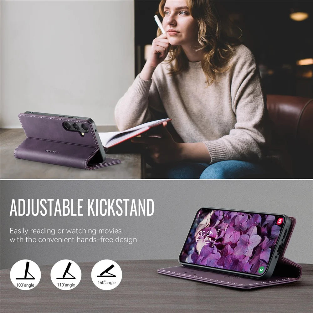 CASEME For Samsung Galaxy A34 5G Case  033 Series RFID Blocking Wallet Stand Calf Texture Leather Phone Cover - Purple - 5
