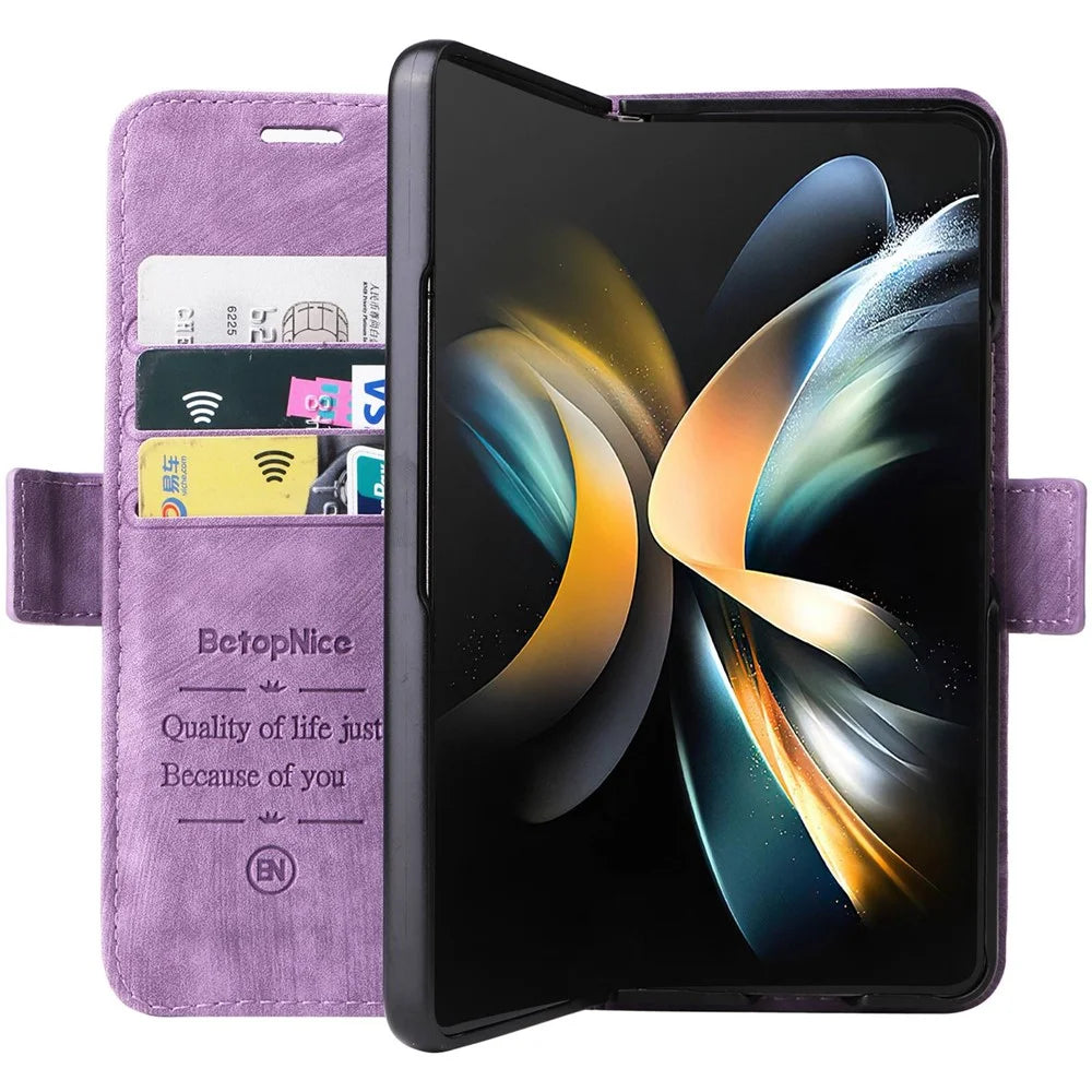 BETOPNICE 001 For Samsung Galaxy Z Fold4 5G Imprinted Stitching Line PU Leather Dual Magnetic Clasp Case Wallet Stand Phone Cover - Purple - 4