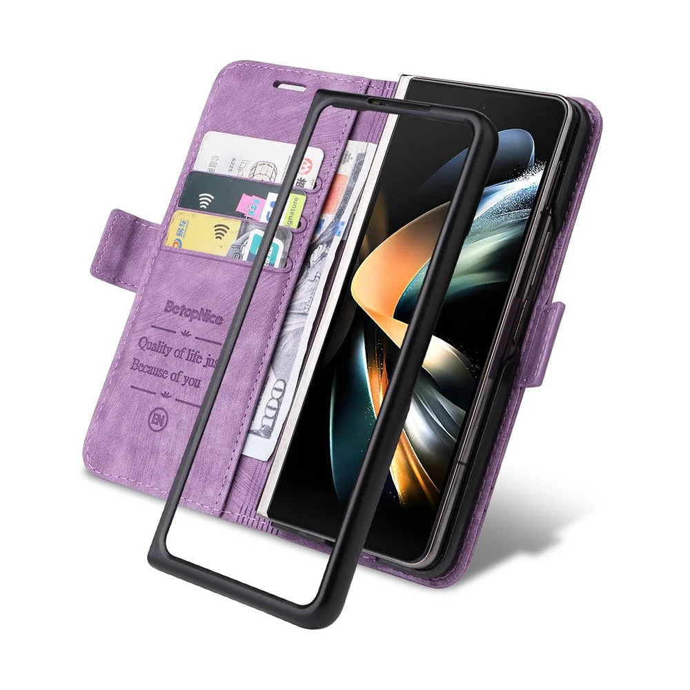 BETOPNICE 001 For Samsung Galaxy Z Fold4 5G Imprinted Stitching Line PU Leather Dual Magnetic Clasp Case Wallet Stand Phone Cover - Purple - 5