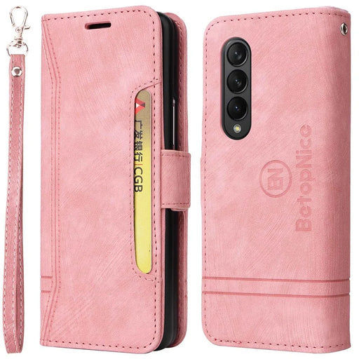 BETOPNICE 001 For Samsung Galaxy Z Fold3 5G Imprinted Stitching Line PU Leather Stand Wallet Cover Shockproof Phone Case - Pink - 1