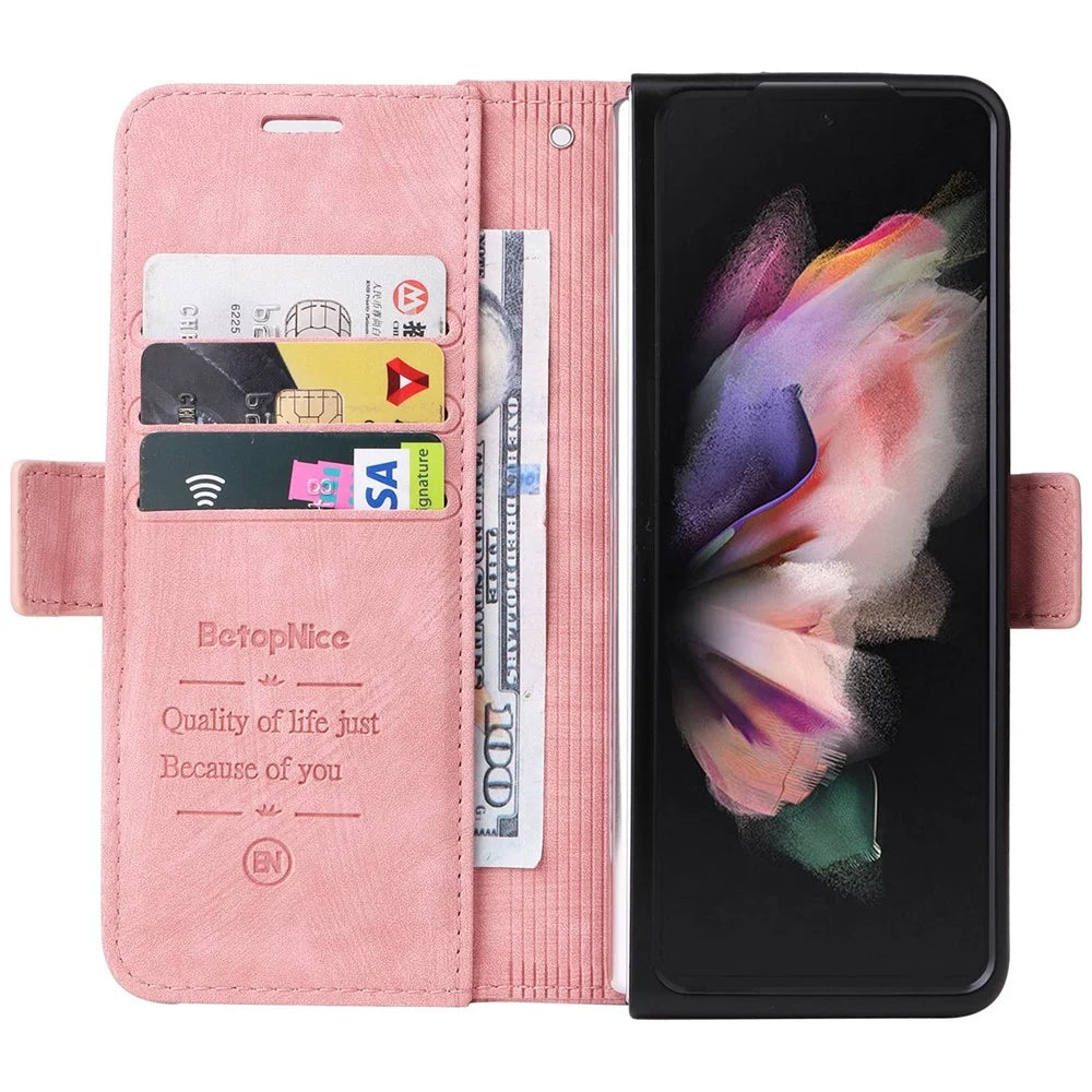 BETOPNICE 001 For Samsung Galaxy Z Fold3 5G Imprinted Stitching Line PU Leather Stand Wallet Cover Shockproof Phone Case - Pink - 3