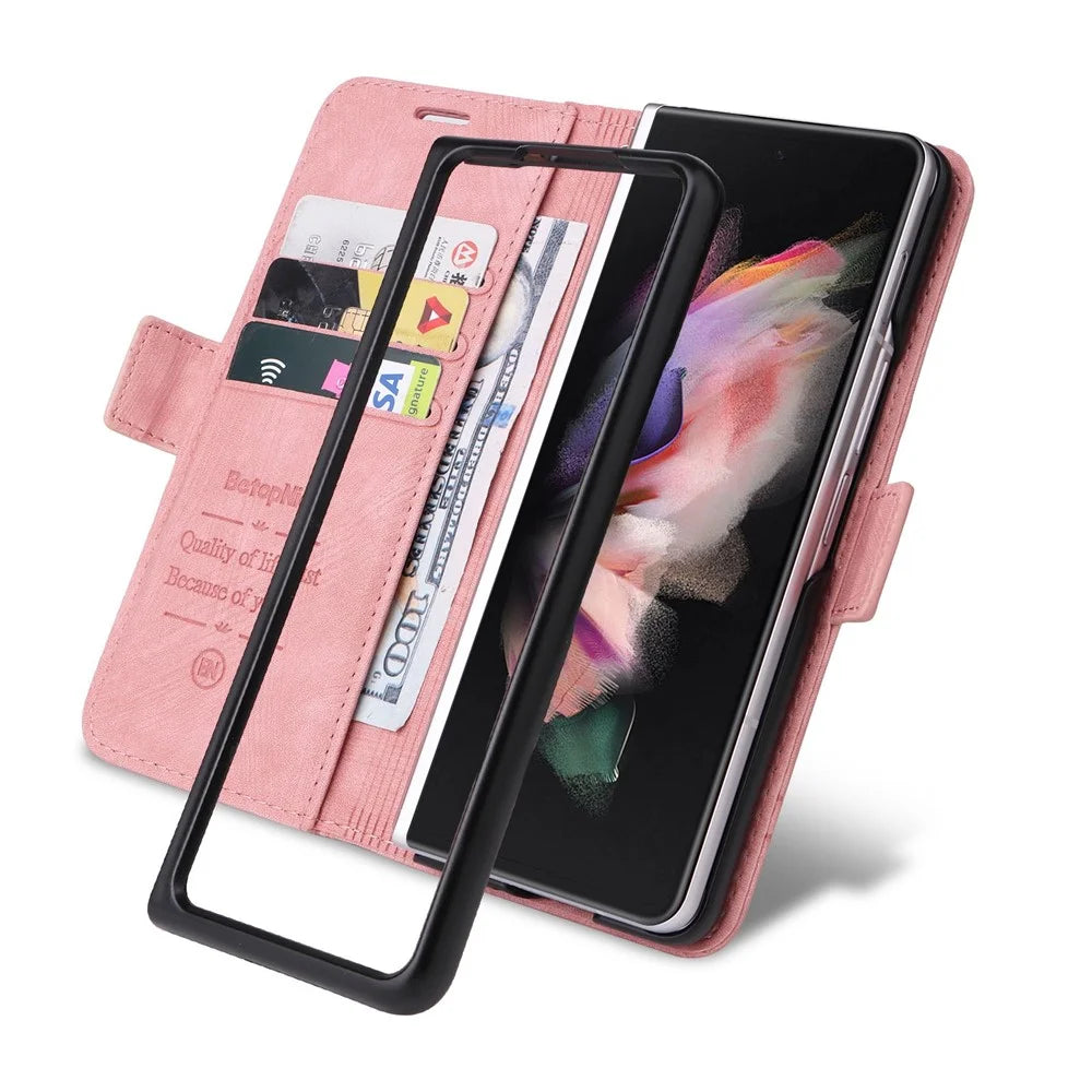 BETOPNICE 001 For Samsung Galaxy Z Fold3 5G Imprinted Stitching Line PU Leather Stand Wallet Cover Shockproof Phone Case - Pink - 5