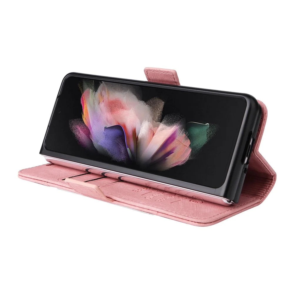 BETOPNICE 001 For Samsung Galaxy Z Fold3 5G Imprinted Stitching Line PU Leather Stand Wallet Cover Shockproof Phone Case - Pink - 6