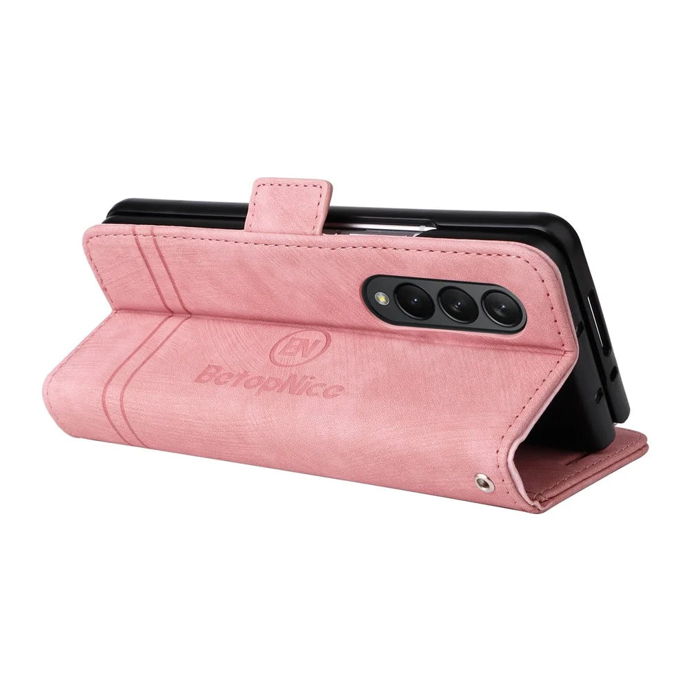 BETOPNICE 001 For Samsung Galaxy Z Fold3 5G Imprinted Stitching Line PU Leather Stand Wallet Cover Shockproof Phone Case - Pink - 7