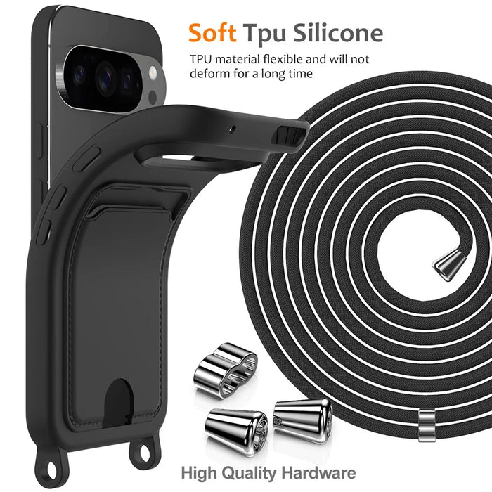 For Google Pixel 10 Pro XL Case Liquid Silicone Card Holder Back Phone Cover with Lanyard - Black - 7