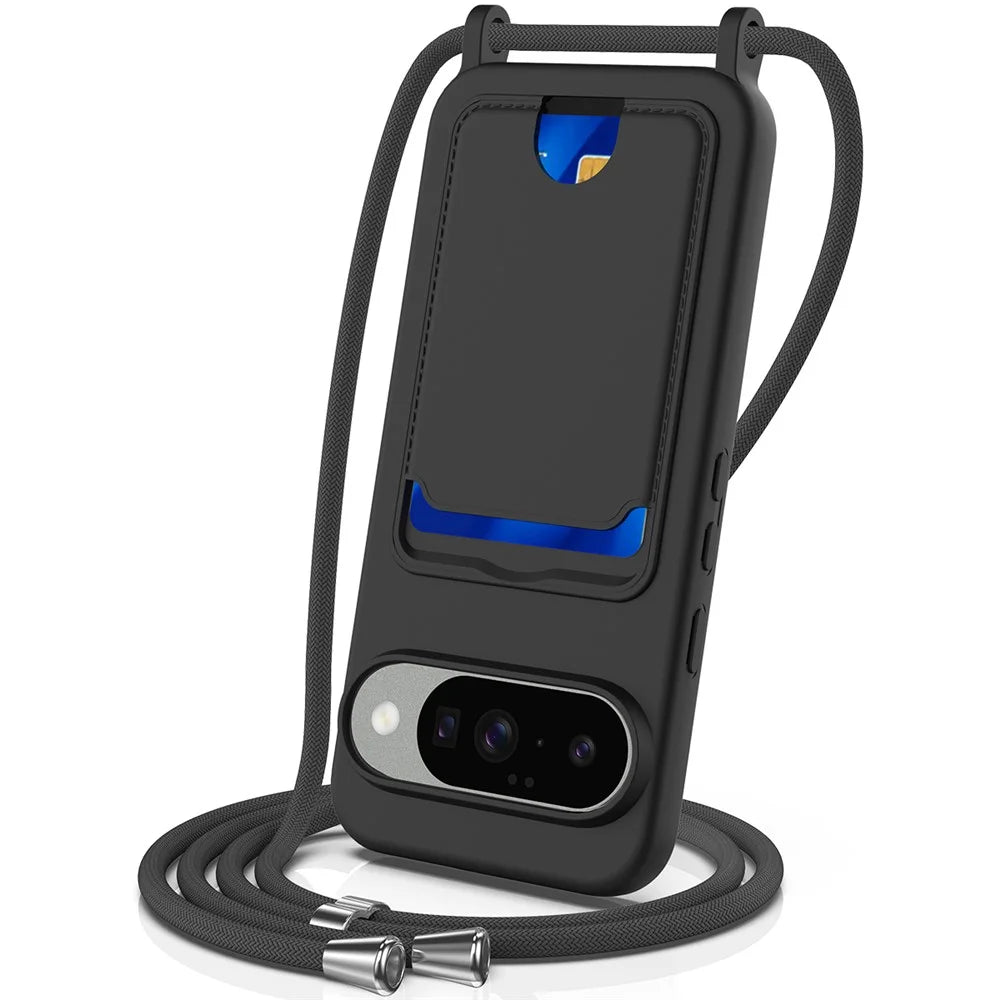 For Google Pixel 10 Case Liquid Silicone Card Holder Back Phone Cover with Lanyard - Black - 1