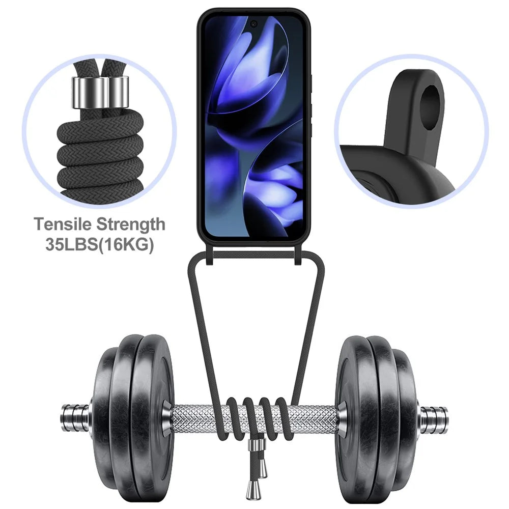 For Google Pixel 10 Case Liquid Silicone Card Holder Back Phone Cover with Lanyard - Black - 4