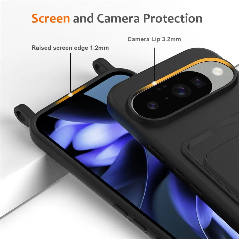 For Google Pixel 10 Case Liquid Silicone Card Holder Back Phone Cover with Lanyard - Black - 6