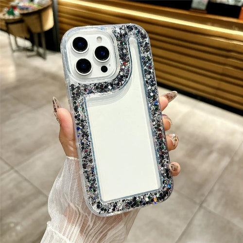 For iPhone 16 Pro Max Case Glitter Rhinestone Epoxy Design TPU Shockproof Phone Cover - Black - 1