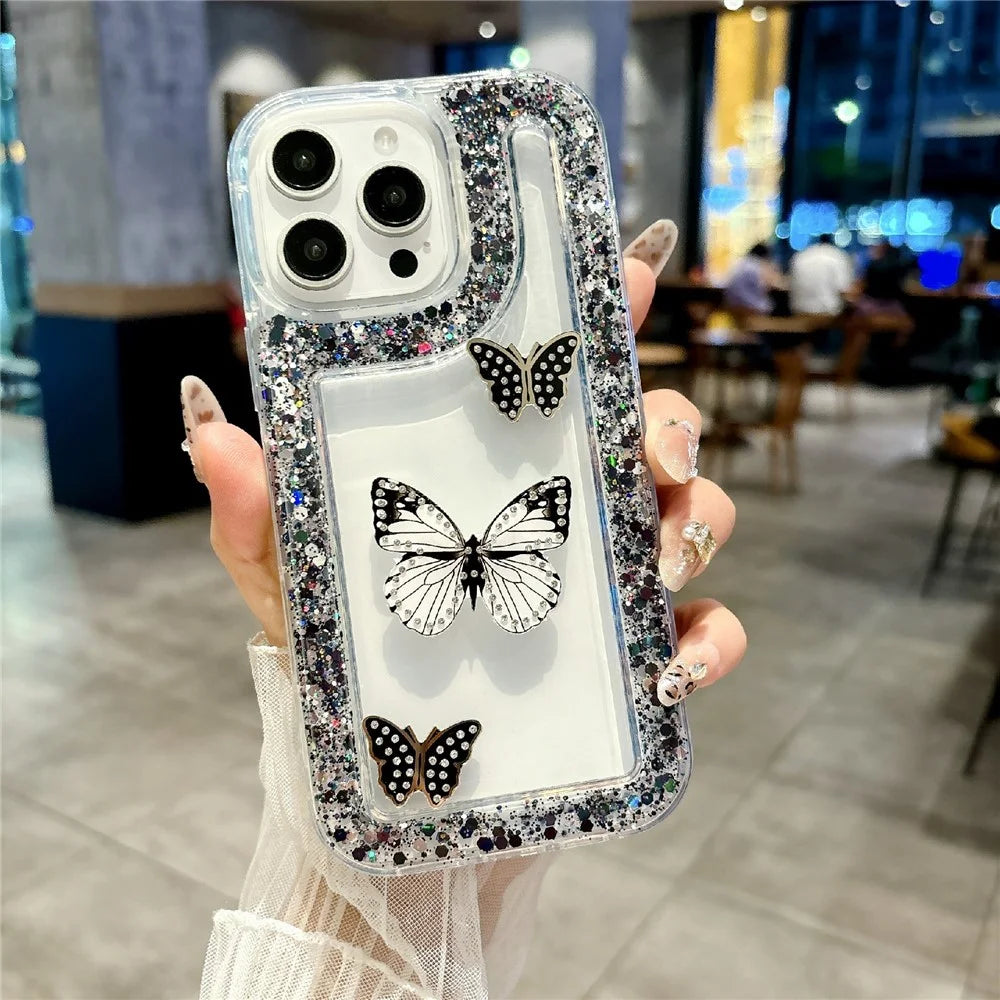 For iPhone 16 Pro Case with 3 Butterflies Decor Glitter Rhinestone Epoxy Design TPU Phone Cover - Black - 1