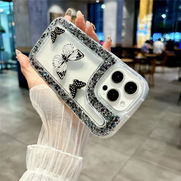 For iPhone 16 Pro Case with 3 Butterflies Decor Glitter Rhinestone Epoxy Design TPU Phone Cover - Black - 2