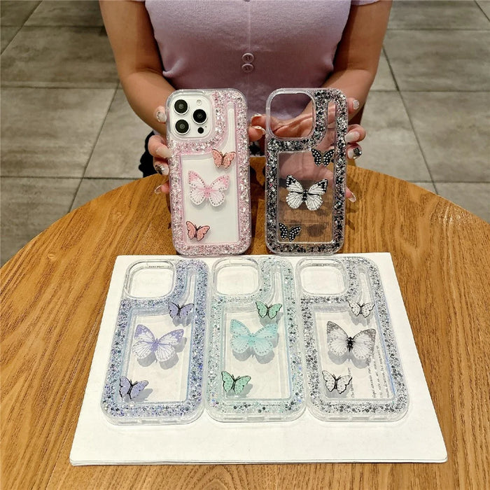 For iPhone 16 Pro Case with 3 Butterflies Decor Glitter Rhinestone Epoxy Design TPU Phone Cover - Black - 6