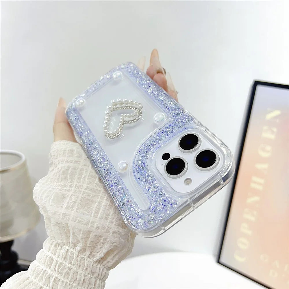 For iPhone 16 Pro Max Case with Pearl / Dual Heart Decor Glitter Rhinestone Epoxy Design TPU Phone Cover - White - 3