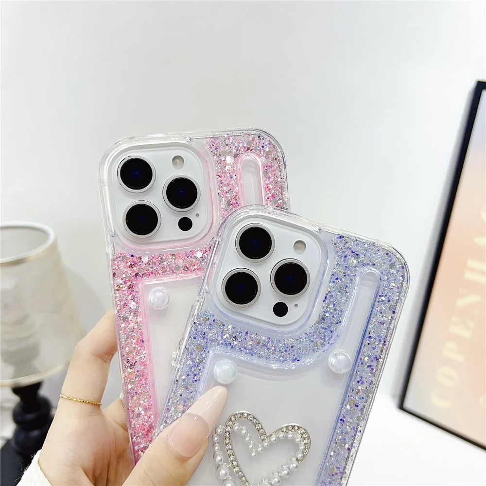 For iPhone 16 Pro Max Case with Pearl / Dual Heart Decor Glitter Rhinestone Epoxy Design TPU Phone Cover - White - 4