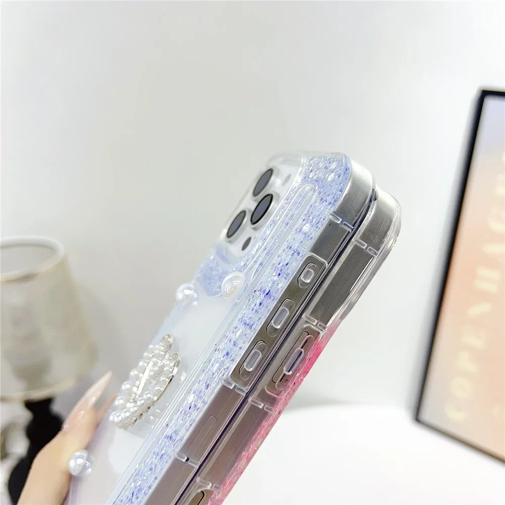 For iPhone 16 Pro Max Case with Pearl / Dual Heart Decor Glitter Rhinestone Epoxy Design TPU Phone Cover - White - 5