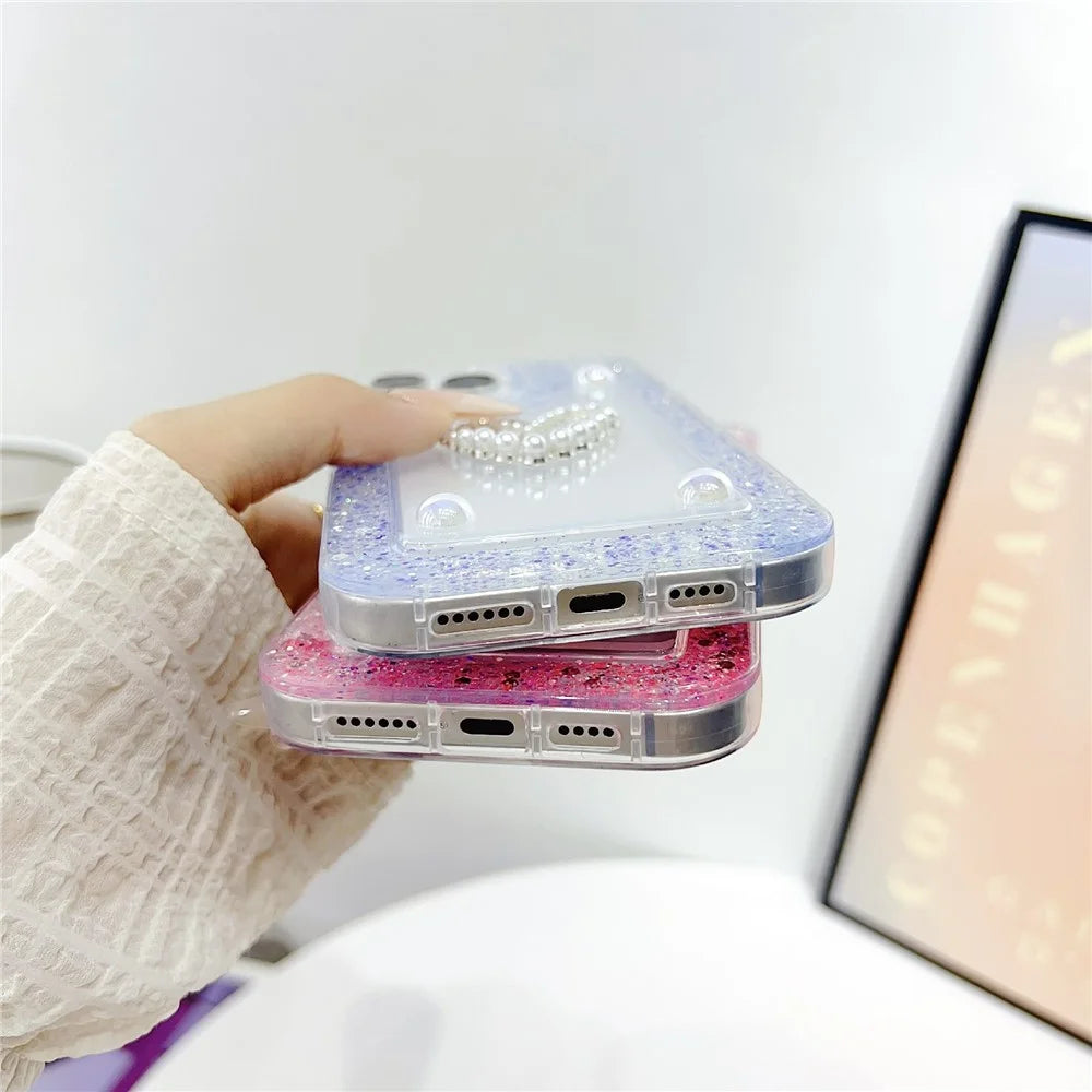 For iPhone 16 Pro Max Case with Pearl / Dual Heart Decor Glitter Rhinestone Epoxy Design TPU Phone Cover - White - 6