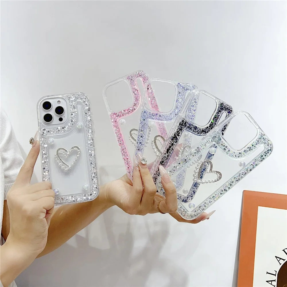 For iPhone 16 Pro Max Case with Pearl / Dual Heart Decor Glitter Rhinestone Epoxy Design TPU Phone Cover - White - 7