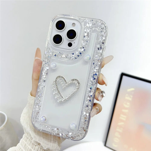 For iPhone 16 Pro Case with Pearl / Dual Heart Decor Glitter Rhinestone Epoxy Design TPU Phone Cover - White - 1
