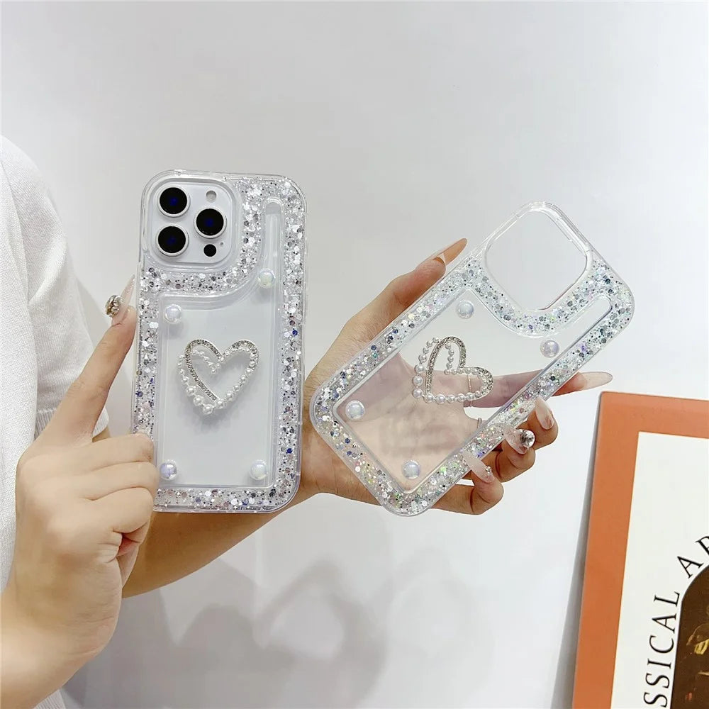 For iPhone 16 Pro Case with Pearl / Dual Heart Decor Glitter Rhinestone Epoxy Design TPU Phone Cover - White - 2
