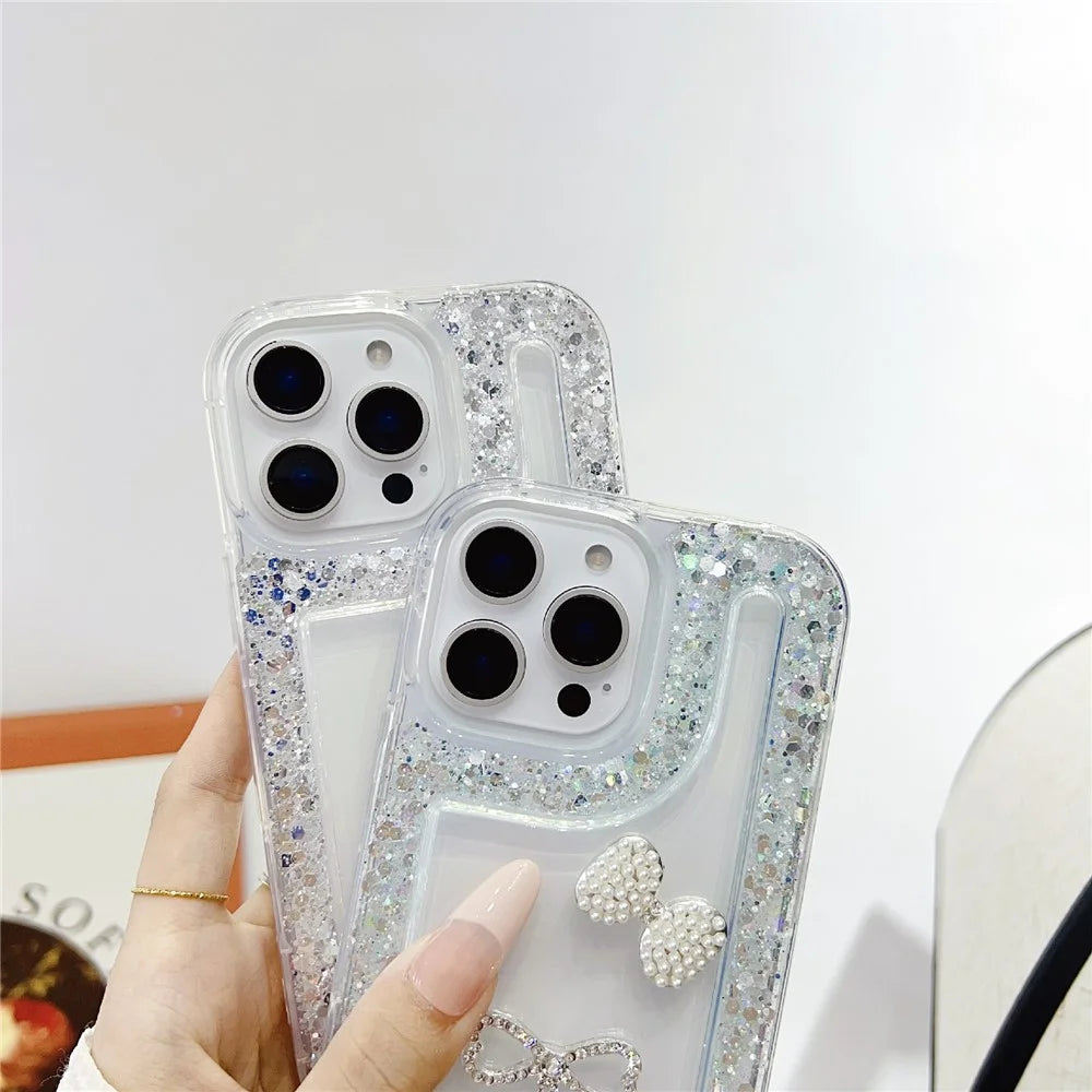 For iPhone 16 Pro Max Case with Bow Decor Glitter Rhinestone Epoxy Design TPU Phone Cover - Green - 2