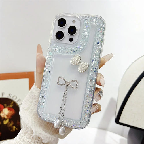 For iPhone 16 Pro Case with Bow Decor Glitter Rhinestone Epoxy Design TPU Phone Cover - Green - 1