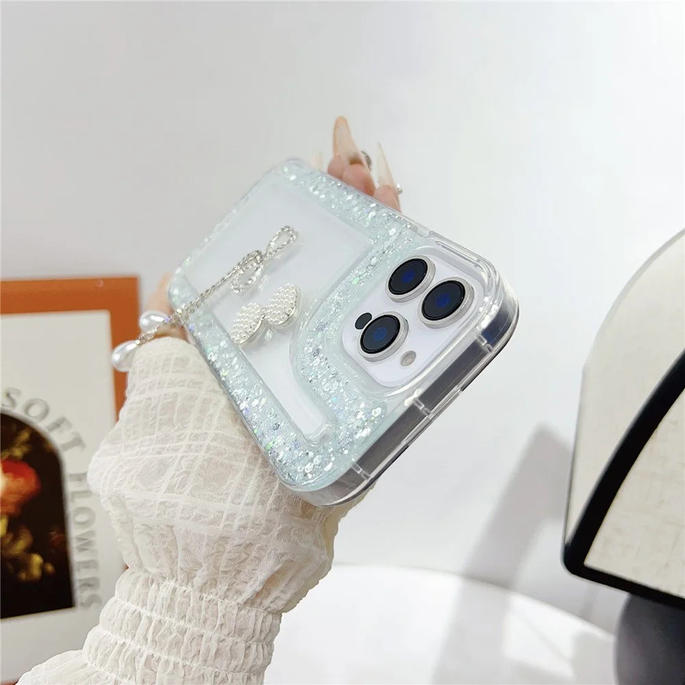For iPhone 16 Pro Case with Bow Decor Glitter Rhinestone Epoxy Design TPU Phone Cover - Green - 5