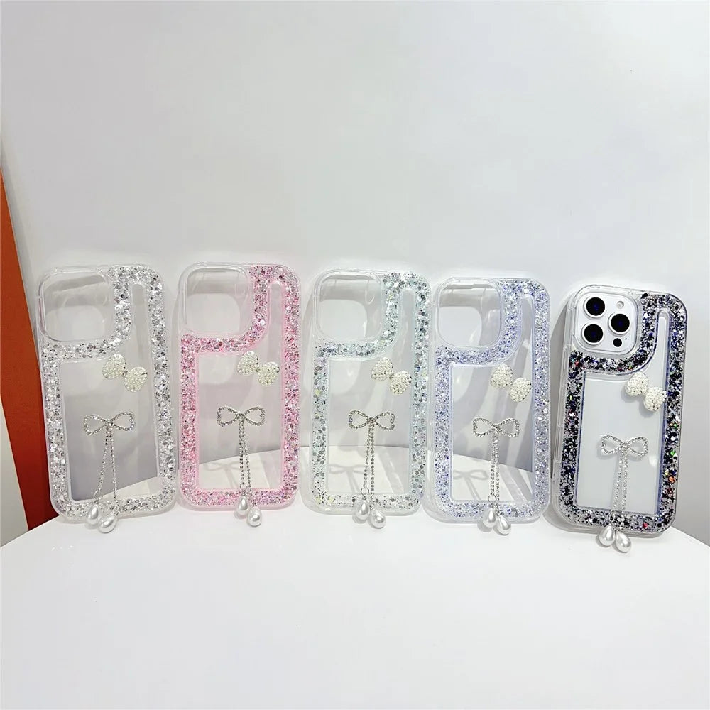 For iPhone 16 Pro Case with Bow Decor Glitter Rhinestone Epoxy Design TPU Phone Cover - Green - 6