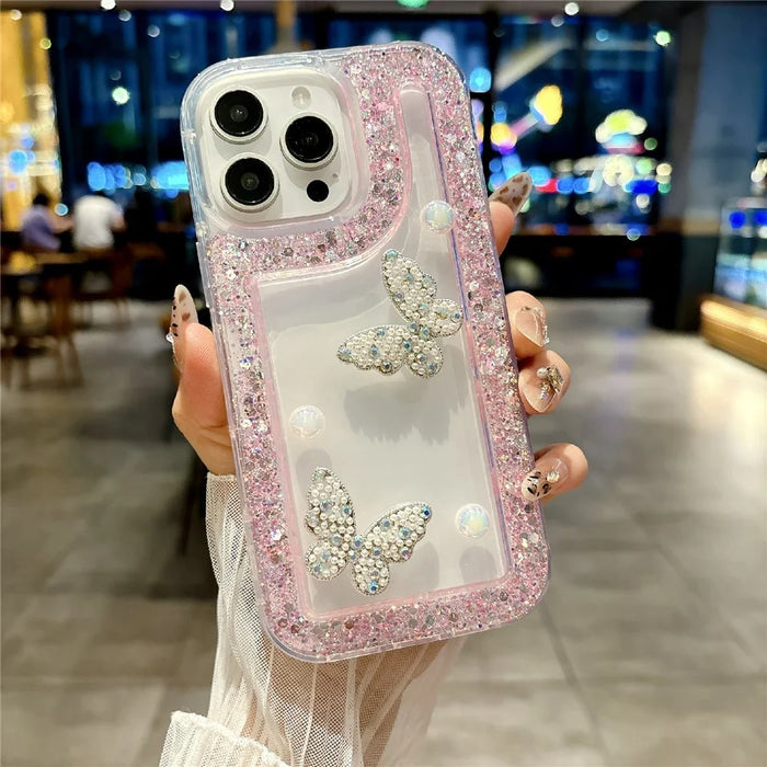 For iPhone 16 Pro Case with Case with Pearl Butterfly Decor Glitter Rhinestone Epoxy Design TPU Phone Cover - Pink - 1