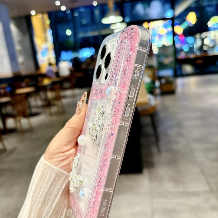 For iPhone 16 Pro Case with Case with Pearl Butterfly Decor Glitter Rhinestone Epoxy Design TPU Phone Cover - Pink - 4