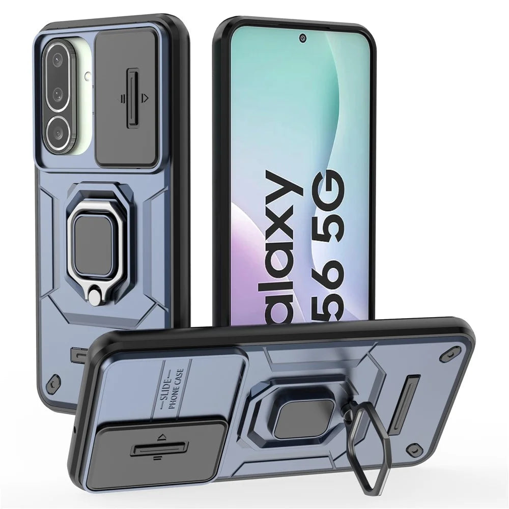For Samsung Galaxy M56 5G Case PC + TPU Kickstand Phone Protector with Lens Cover - Blue - 1