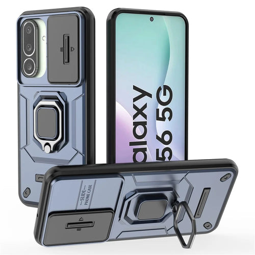 For Samsung Galaxy M56 5G Case PC + TPU Kickstand Phone Protector with Lens Cover - Blue - 1