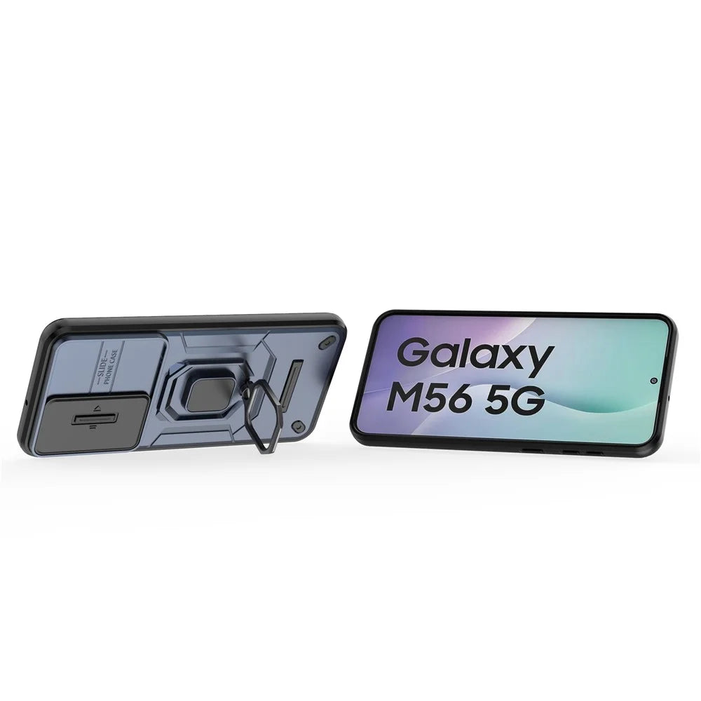 For Samsung Galaxy M56 5G Case PC + TPU Kickstand Phone Protector with Lens Cover - Blue - 3