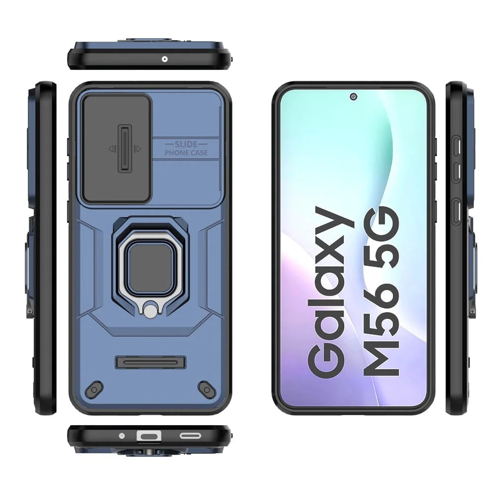 For Samsung Galaxy M56 5G Case PC + TPU Kickstand Phone Protector with Lens Cover - Blue - 4