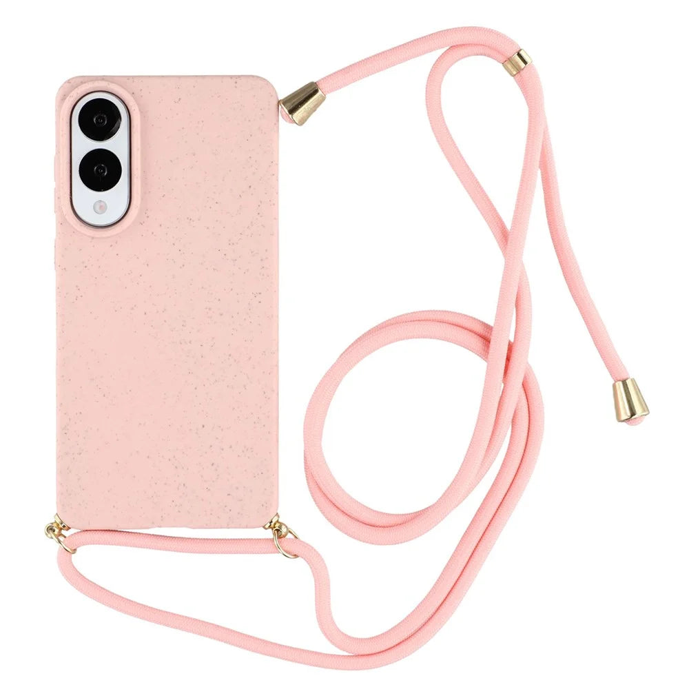 For Samsung Galaxy S25 Edge Case Biodegradable Wheat Straw + TPU Eco-Friendly Phone Cover with Lanyard - Pink - 1