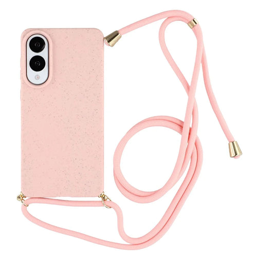 For Samsung Galaxy S25 Edge Case Biodegradable Wheat Straw + TPU Eco-Friendly Phone Cover with Lanyard - Pink - 1